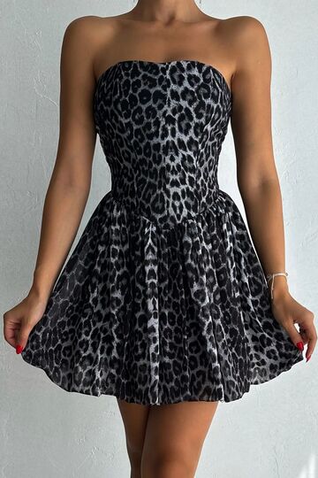 Leopar Desenli Straplez Balon Elbise