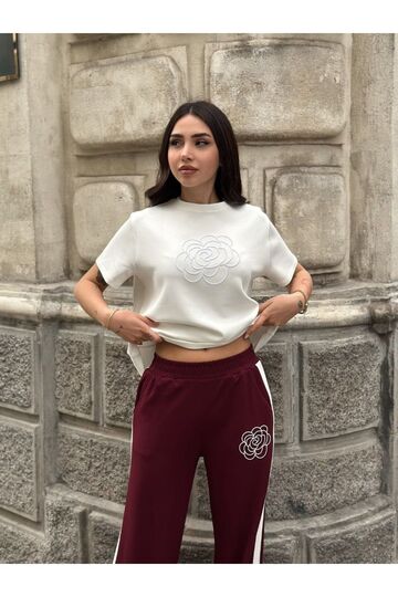Gül Nakışlı Garnili Şerit Detaylı Modal Kumaş Eşofman Takım