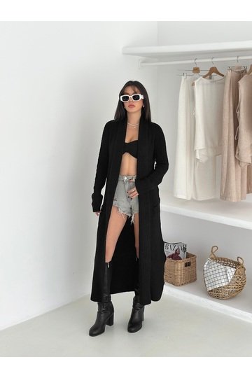 Çift Cepli Şal Yaka Uzun Triko Kumaş Hırka
