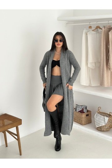 Çift Cepli Şal Yaka Uzun Triko Kumaş Hırka