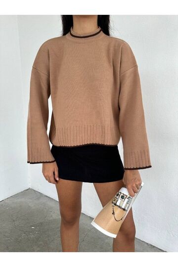 Oversize Bisiklet Yaka Şerit Detaylı Triko Kazak