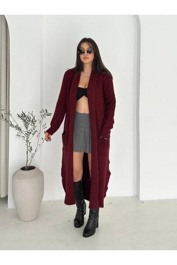 Çift Cepli Şal Yaka Uzun Triko Kumaş Hırka