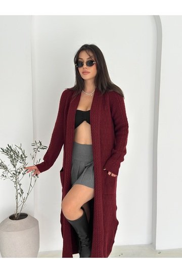 Çift Cepli Şal Yaka Uzun Triko Kumaş Hırka