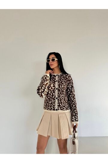 Leopar Desen Düğmeli Hırka