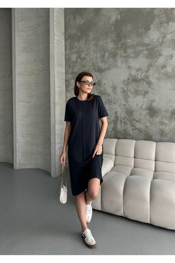 ÇIMA DETAYLI MODAL PİKE KUMAŞ ELBİSE