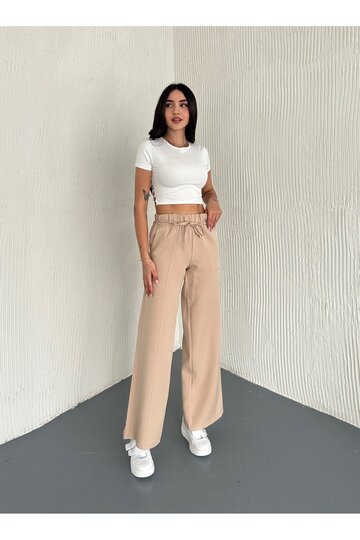 İP BAĞCIKLI PARÇA DETAYLI RAHAT KESİM DABIL KUMAŞ PANTOLUN