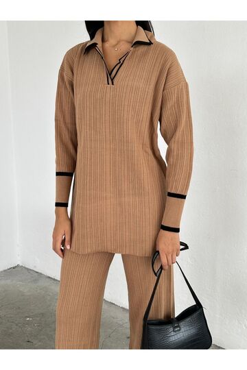 Polo V Yaka Ribana Kol  Şerit Detaylı Geniş Paçalı Triko Takım