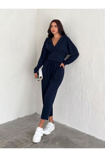 Modal  Kumaş V Yaka Kapşunlu Crop Eşofman Takım