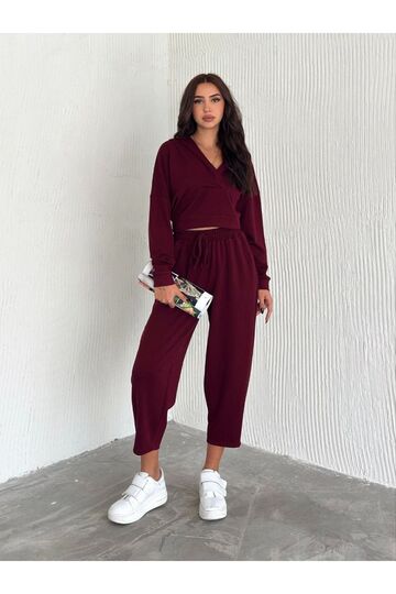 Modal  Kumaş V Yaka Kapşunlu Crop Eşofman Takım