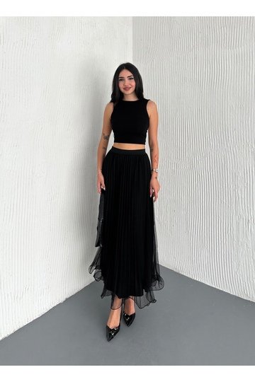 BELİ LASTİKLİ ETEK UCU MİSİNALI PİLİSELİ TÜLLÜ ETEK