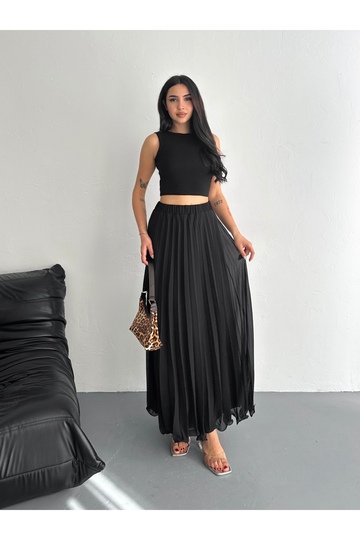 BELİ LASTİKLİ ETEK UCU MİSİNALI PİLİSELİ ŞİFON ETEK