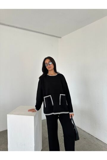 Oversize Cep Detaylı Geniş Paça Triko Takım