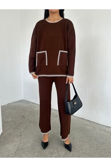 Oversize Cep Detaylı Geniş Paça Triko Takım