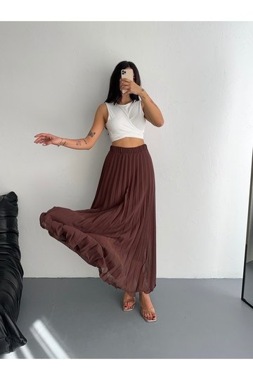 BELİ LASTİKLİ ETEK UCU MİSİNALI PİLİSELİ ŞİFON ETEK