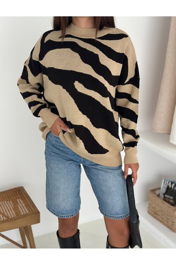 Yumuşak Doku Zebra Desen Triko Kazak