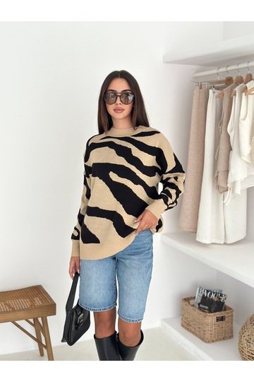 Yumuşak Doku Zebra Desen Triko Kazak