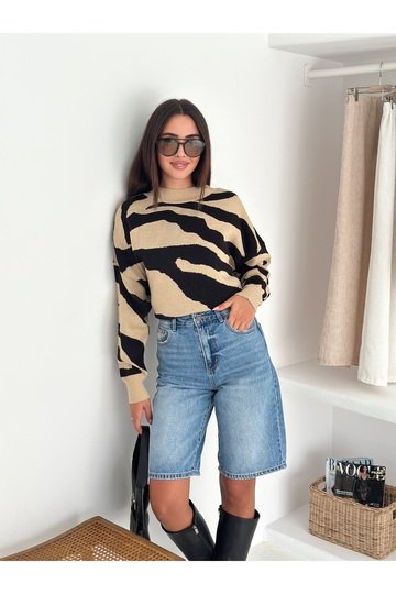 Yumuşak Doku Zebra Desen Triko Kazak