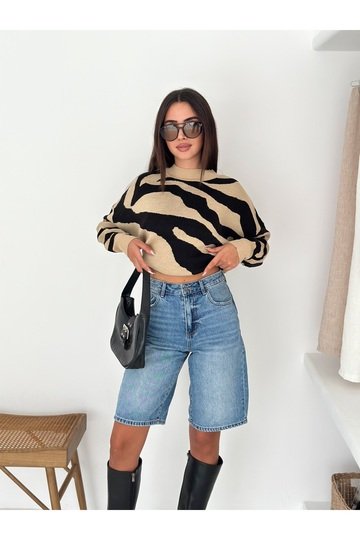Yumuşak Doku Zebra Desen Triko Kazak