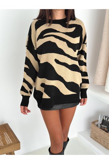Yumuşak Doku Zebra Desen Triko Kazak