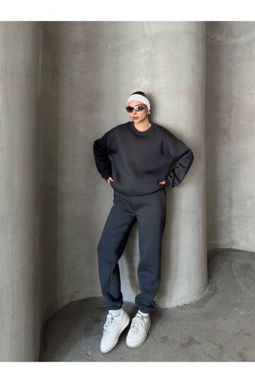 Oversize 3 İplik Şardonlu Bisiklet Yaka Eşofman Takım