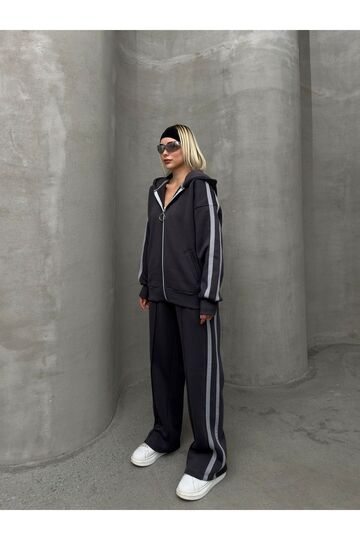 Biyeli Geniş Paça 3 İplik Şardonlu Oversize Fermuarlı Eşofman Takım