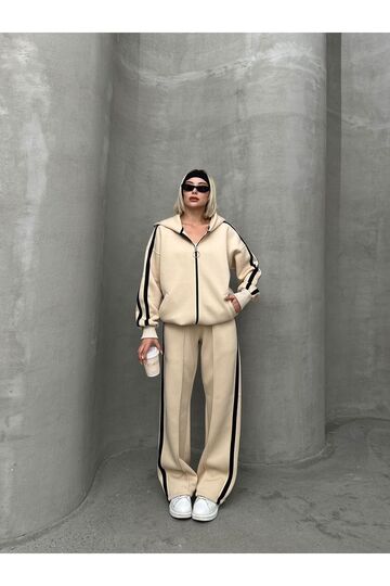 Biyeli Geniş Paça 3 İplik Şardonlu Oversize Fermuarlı Eşofman Takım