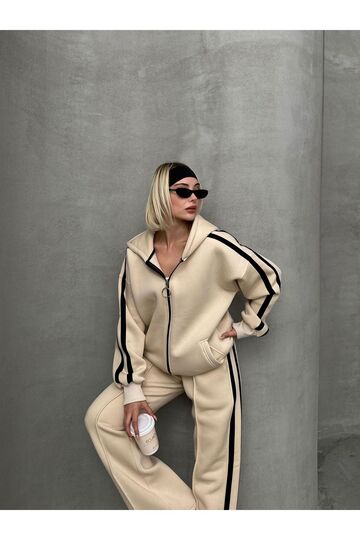 Biyeli Geniş Paça 3 İplik Şardonlu Oversize Fermuarlı Eşofman Takım