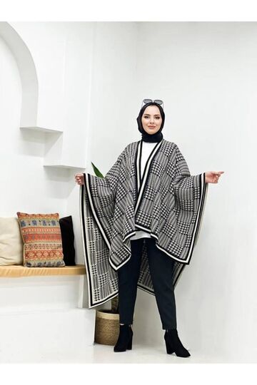 Kadın Çift Taraflı Kullanılabilen Kaz Ayağı Desenli Triko Şal Panço