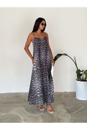Kadın Leopar Desenli Pamuklu Ayar Askılı Poplin Salaş Elbise