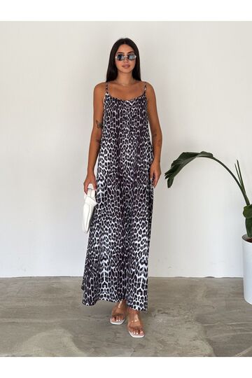 Kadın Leopar Desenli Pamuklu Ayar Askılı Poplin Salaş Elbise