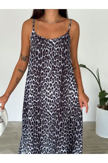 Kadın Leopar Desenli Pamuklu Ayar Askılı Poplin Salaş Elbise