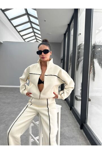 3 İplik Şardonlu Oversize Fermuarlı  Spor Eşofman Takım Bej