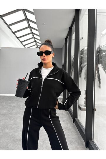 Biyeli Geniş Paça  3 İplik Şardonlu Oversize Fermuarlı Eşofman Takım