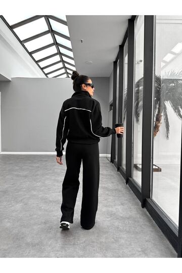 Biyeli Geniş Paça  3 İplik Şardonlu Oversize Fermuarlı Eşofman Takım