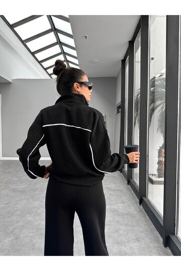 Biyeli Geniş Paça  3 İplik Şardonlu Oversize Fermuarlı Eşofman Takım
