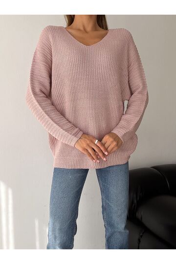 Kadın Pudra V Yaka Selanik Örgü Oversize Triko Kazak
