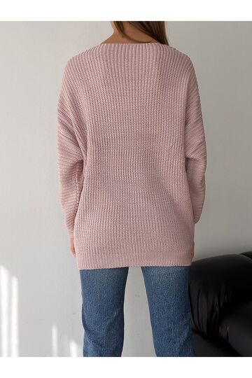Kadın Pudra V Yaka Selanik Örgü Oversize Triko Kazak