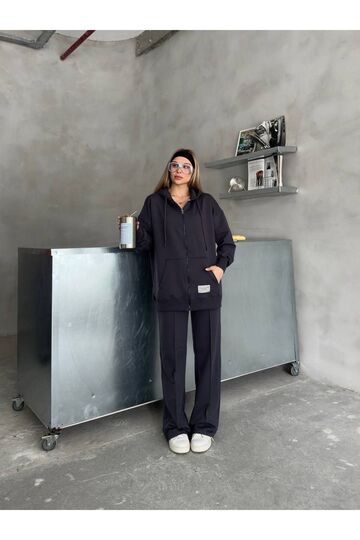 Oversize Kapşunlu Fermuarlı Etiket Detaylı 2 İplik Kumaş Eşofman Takımı