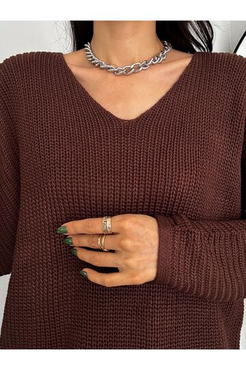 Kadın Kahverengi V Yaka Selanik Örgü Oversize Triko Kazak