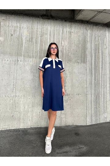 Garnili Düğmeli Polo Yaka Kol Şeritli Modal Kumaş Elbise