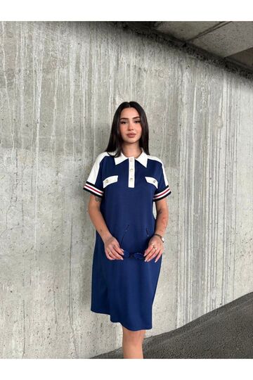 Garnili Düğmeli Polo Yaka Kol Şeritli Modal Kumaş Elbise