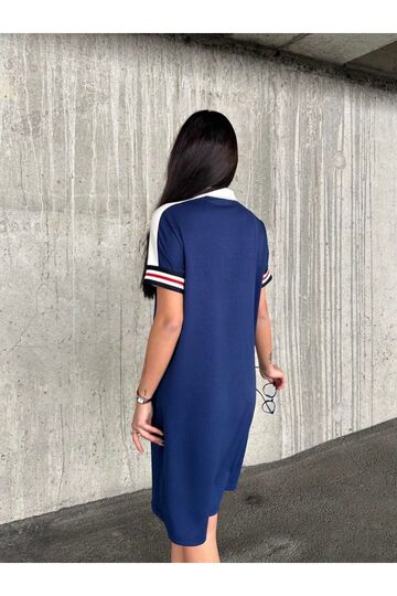 Garnili Düğmeli Polo Yaka Kol Şeritli Modal Kumaş Elbise