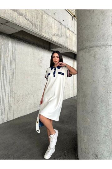 Garnili Düğmeli Polo Yaka Kol Şeritli Modal Kumaş Elbise
