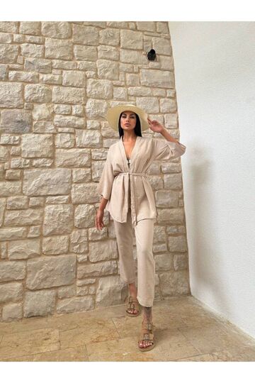 Kimono Bambu Keten Gömlekli Pantolunlu Takım