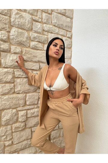 Kimono Bambu Keten Gömlekli Pantolunlu Takım