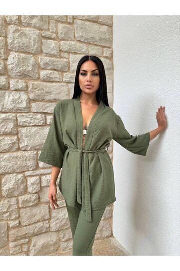 Kimono Bambu Keten Gömlekli Pantolunlu Takım