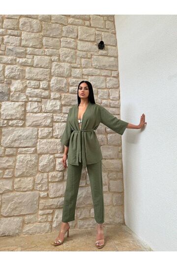 Kimono Bambu Keten Gömlekli Pantolunlu Takım