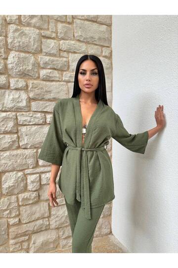 KİMONO BAMBU KETEN GÖMLEKLİ PANTOLUNLU TAKIM