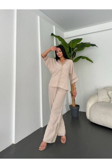 Dantelli Pantolunlu Keten Takım