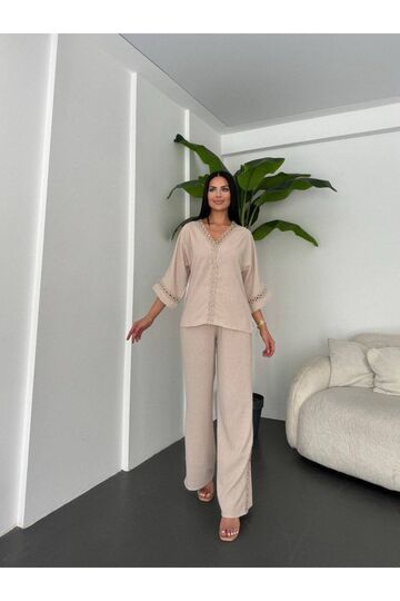 Dantelli Pantolunlu Keten Takım